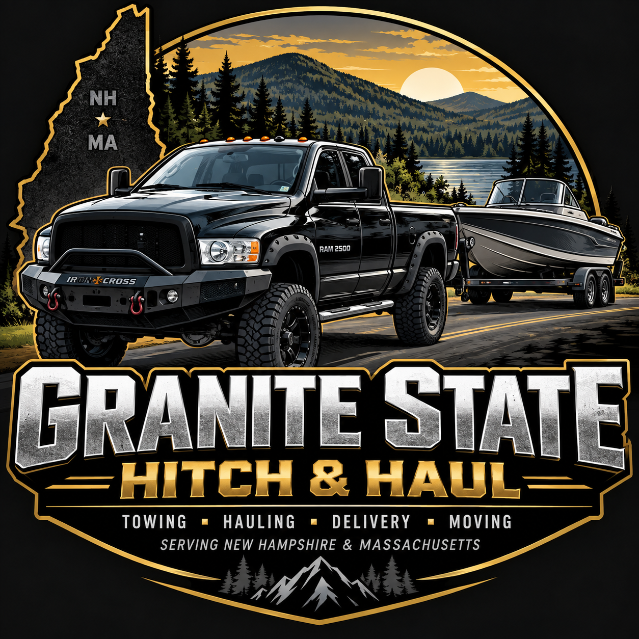 Granite State Hitch & Haul logo featuring a Dodge Ram 2500 towing a boat